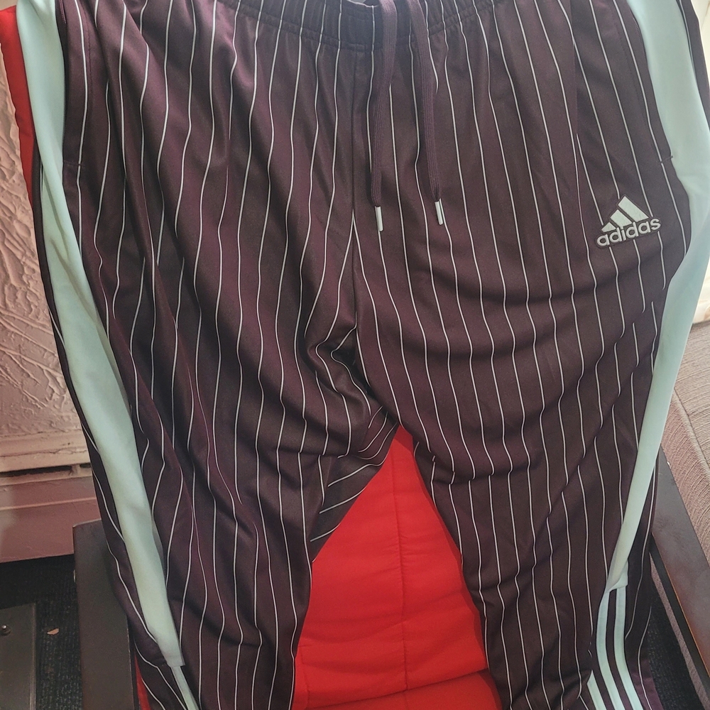 Adidas Pinstripe Track Pants in Maroon with Mint Side Panels
